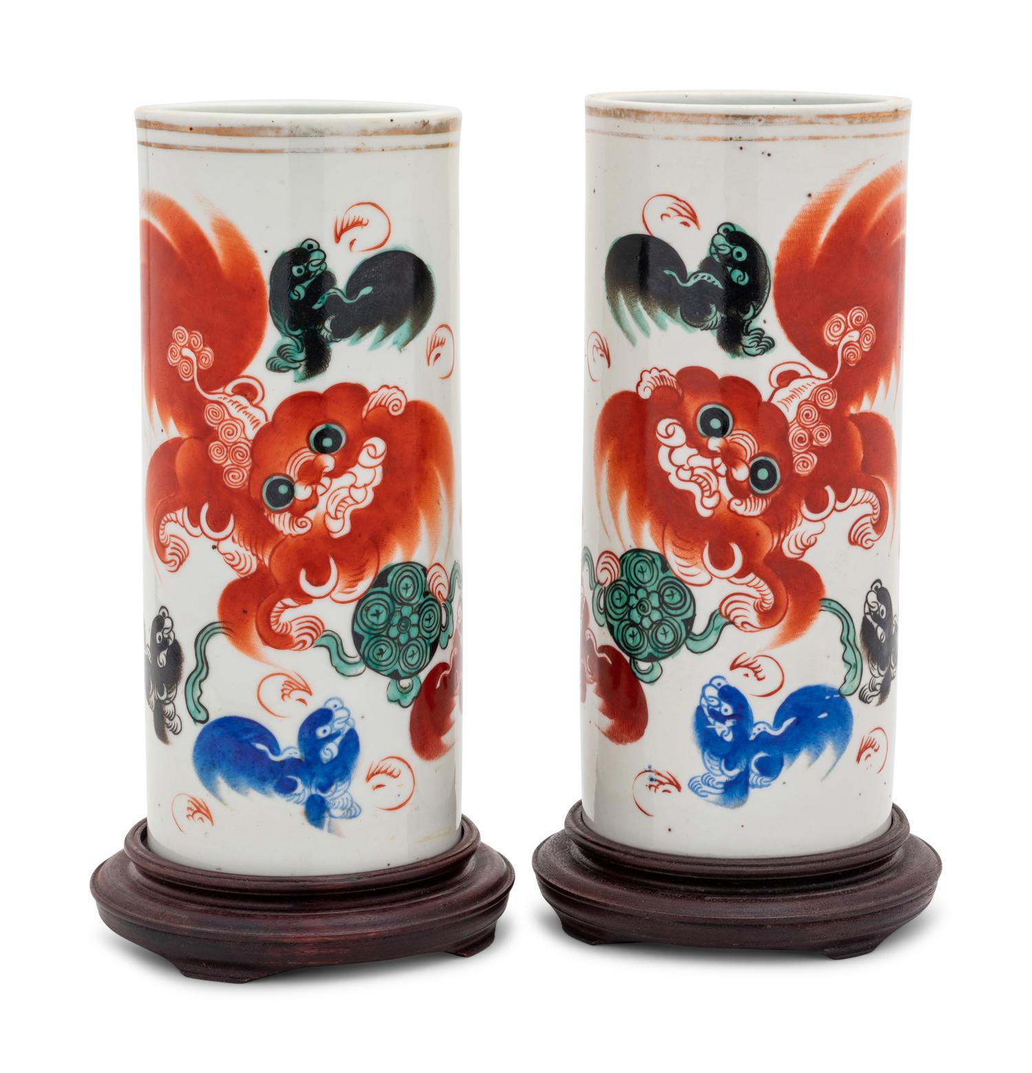 A Pair of Chinese 'Fu Lions' Porcelain Hat Stands