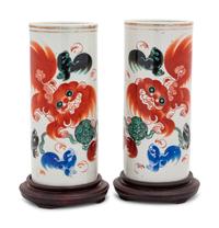 A Pair of Chinese 'Fu Lions' Porcelain Hat Stands