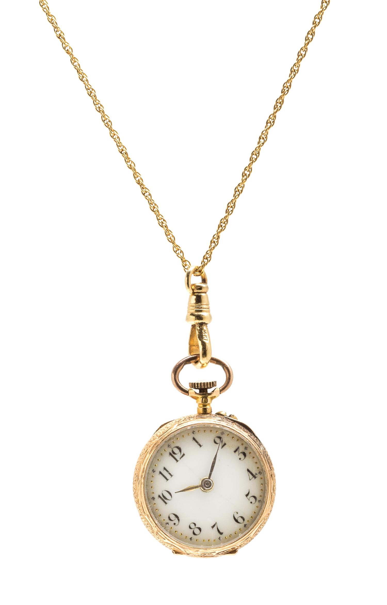 An 18 Karat Yellow Gold, Enamel and Diamond Pendant Watch, 11.80 dwts.