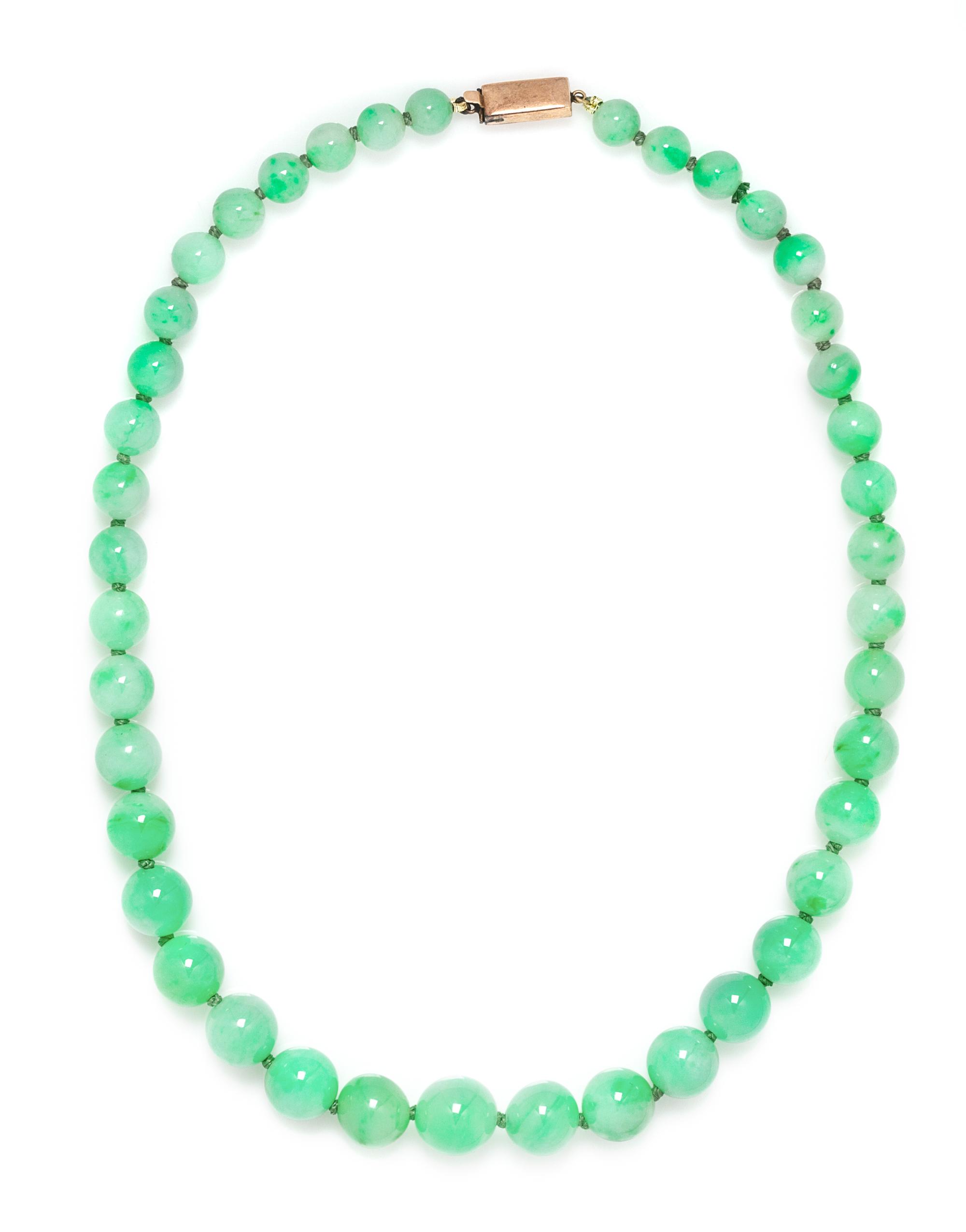 A Graduated Single Strand Jadeite Jade Bead Necklace, 27.40 dwts.