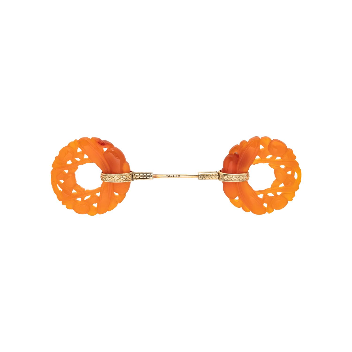 YELLOW GOLD AND CARNELIAN JABOT PIN
