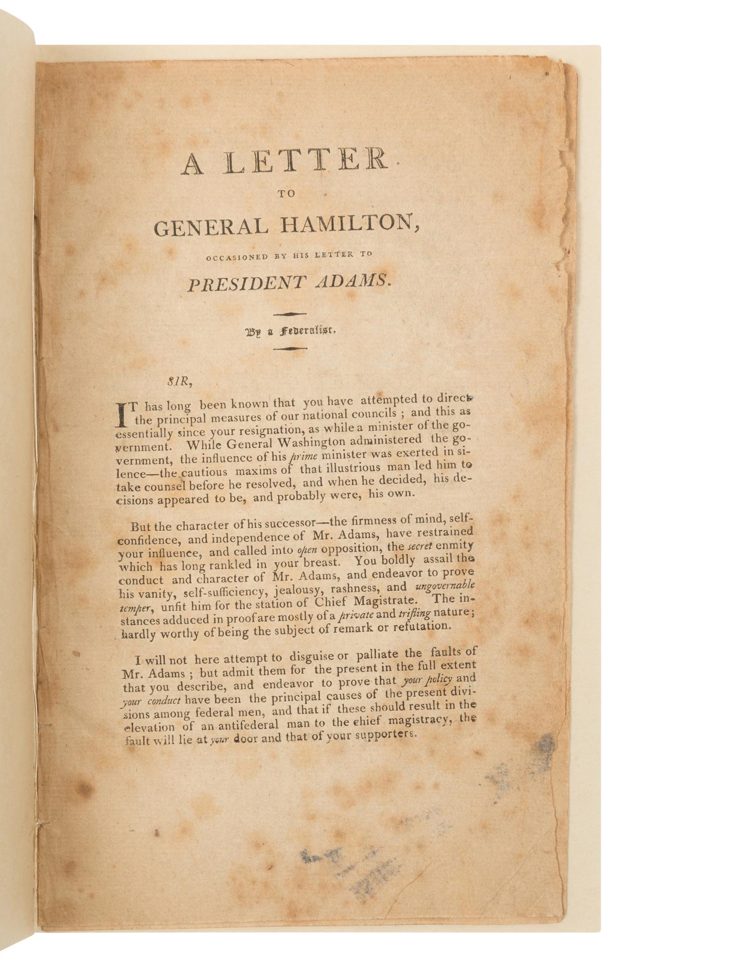 [HAMILTON, Alexander] -- [WEBSTER, Noah (1758-1843]. A Letter to General Hamilton, Occasioned by his Letter to President Adams. By a Federalist . [New York?: n.p., 1800?].