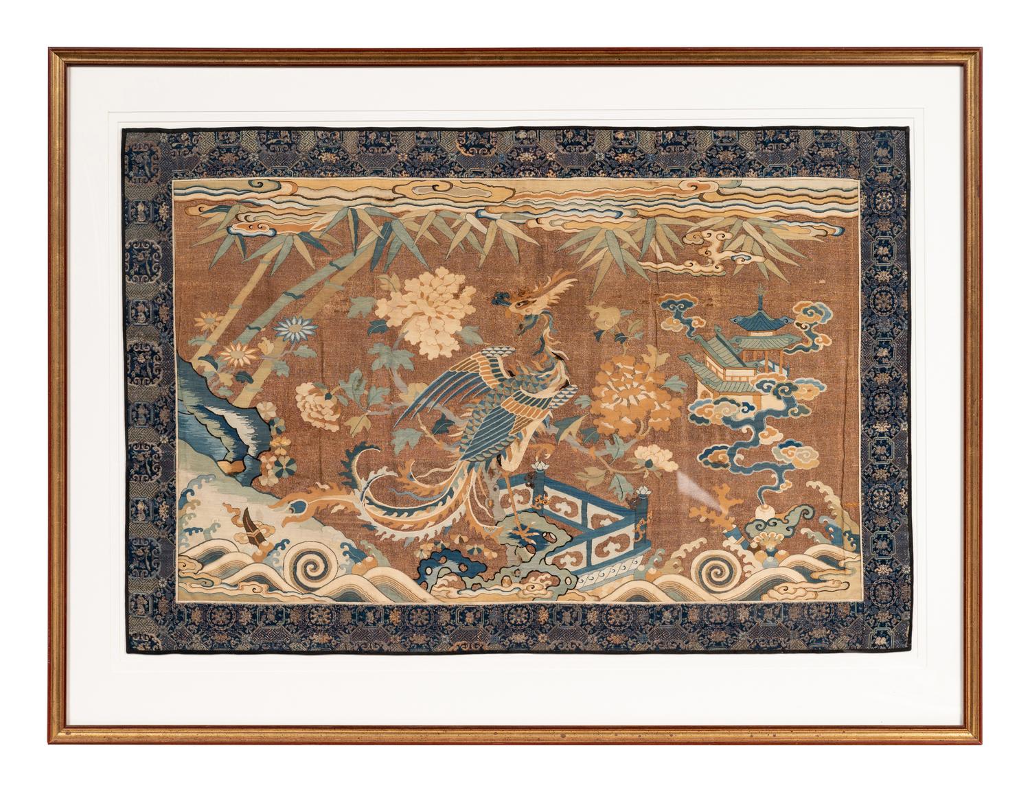 A Brown Ground Kesi Woven Silk 'Phoenix' Panel