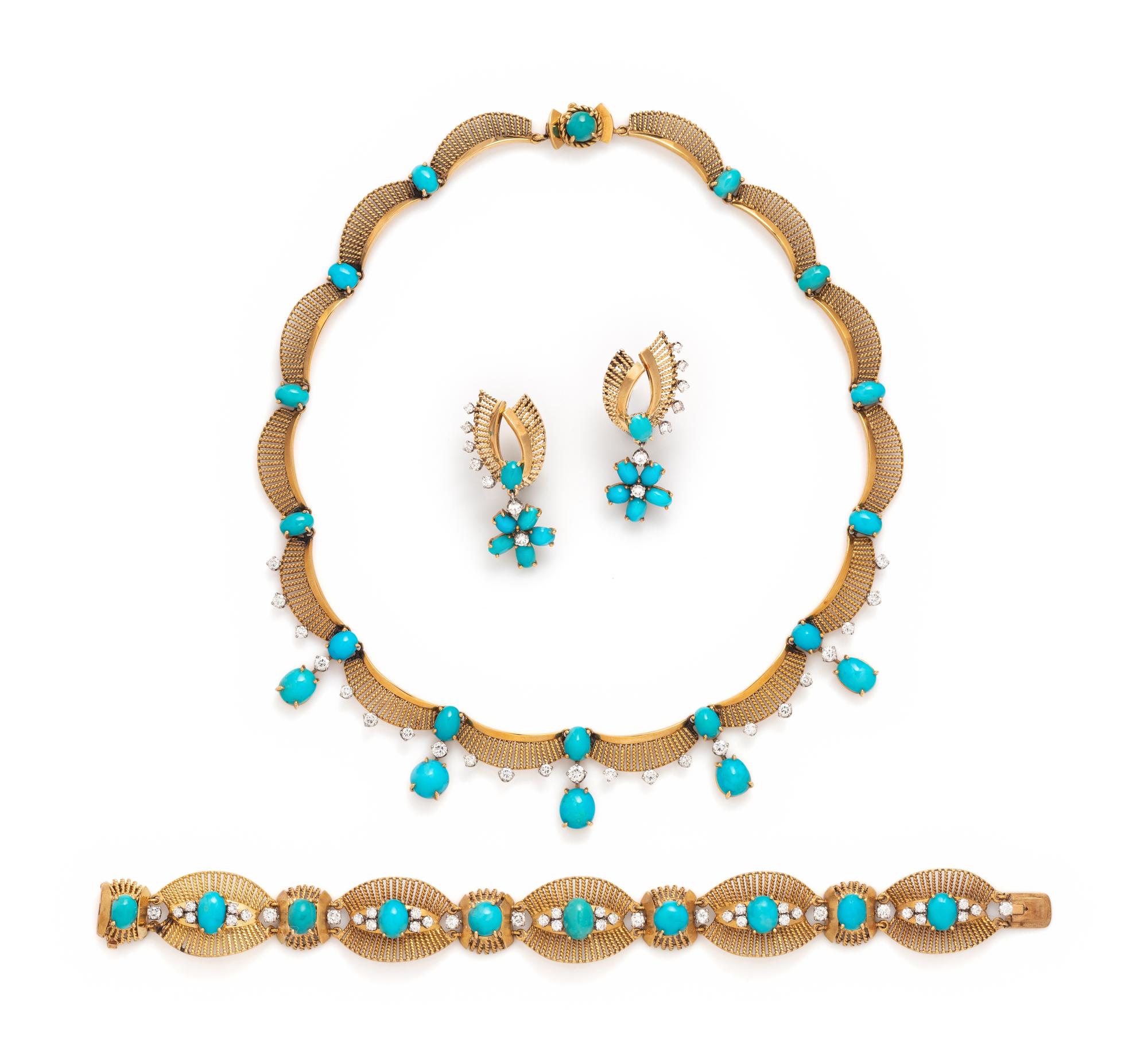 YELLOW GOLD, TURQUOISE AND DIAMOND SET