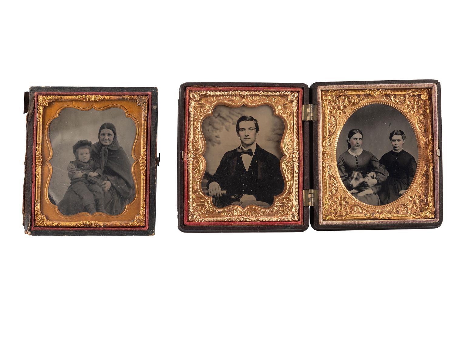 [EARLY PHOTOGRAPHY]. A group of 8 daguerreotype, ambrotype, and tintype portraits highlighted by portrait of two women with a dog.