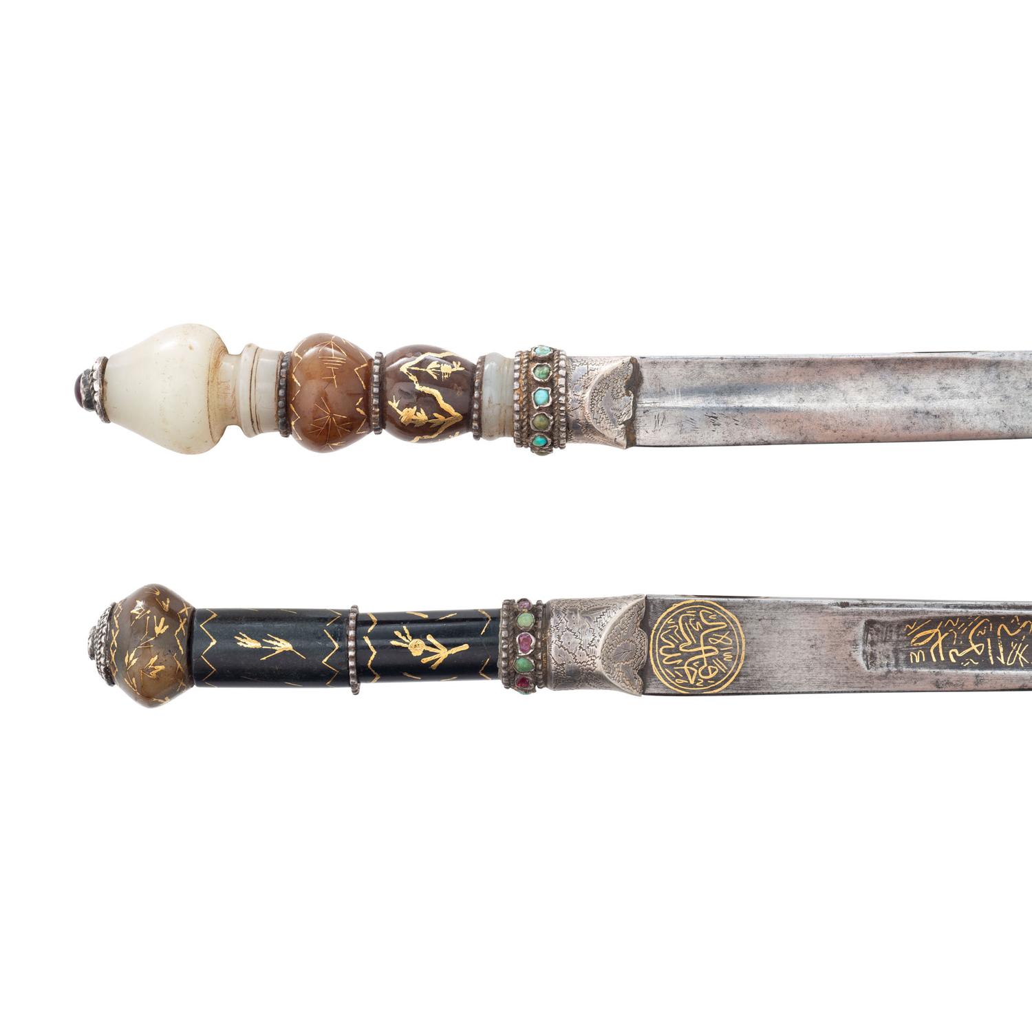 Pair of Unusual 19th Century Ottoman Kard Daggers with Jade Hilts and Gold Inlays