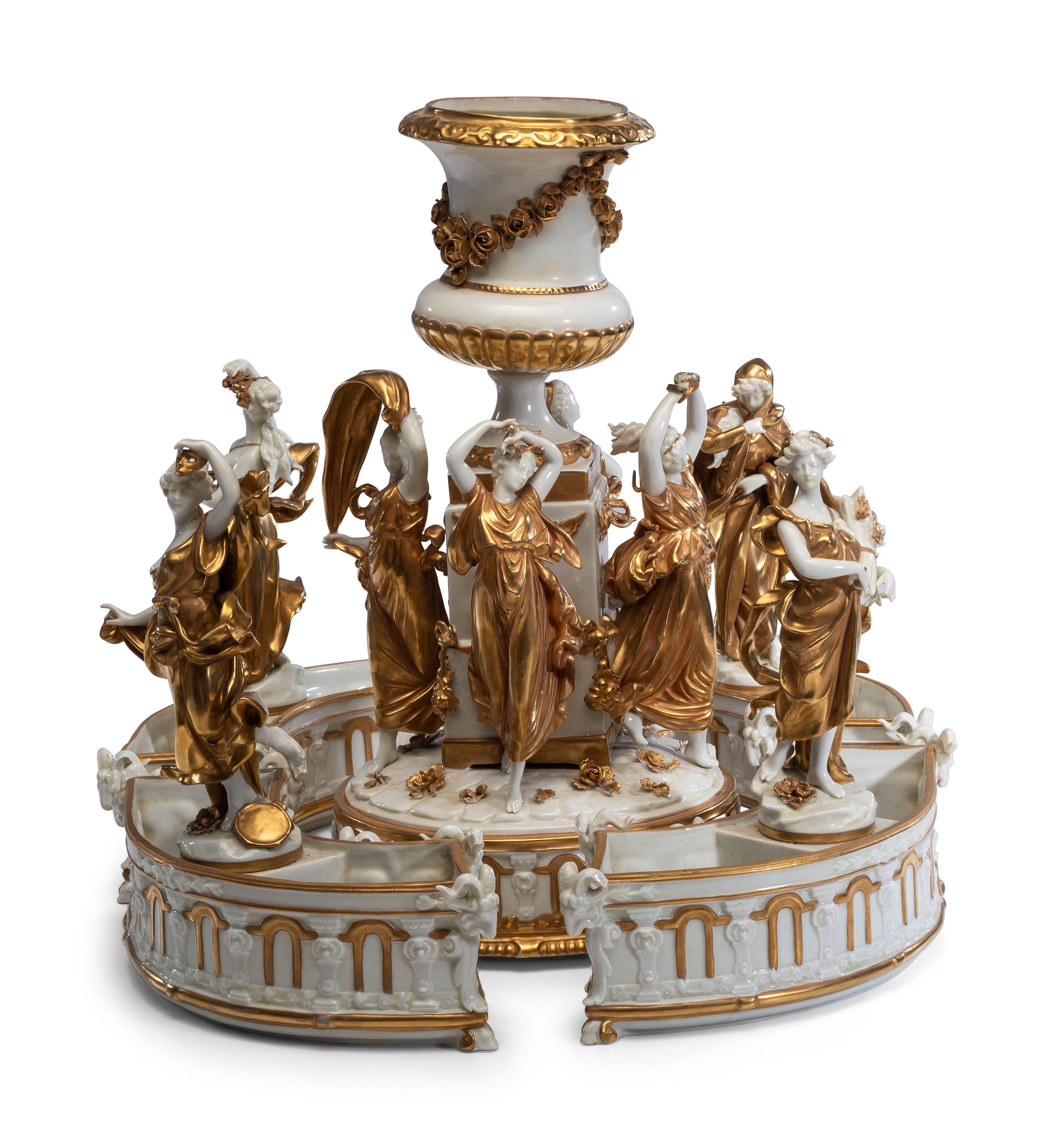 A Capodimonte Five-Piece Parcel Gilt Porcelain Surtout de Table
