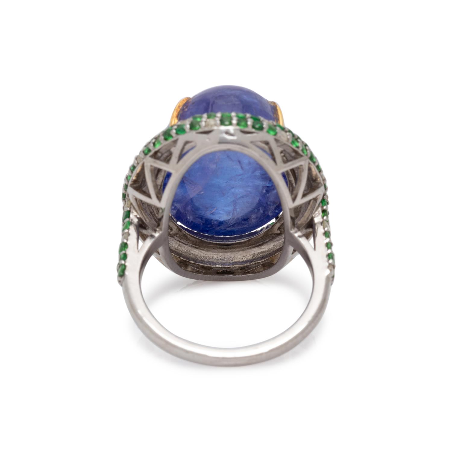 TANZANITE, TSAVORITE GARNET AND DIAMOND RING