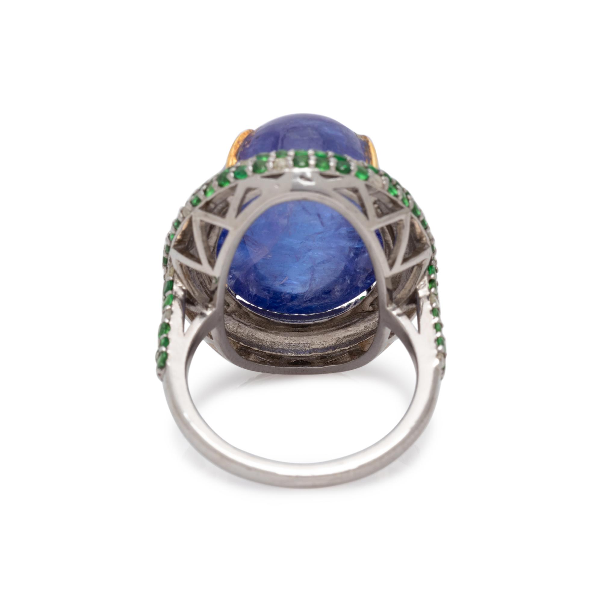 TANZANITE, TSAVORITE GARNET AND DIAMOND RING