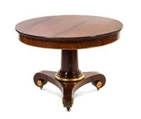 A Regency Style Mahogany and Parcel Gilt Center Table, Height 29 1/2 x diameter 41 inches.