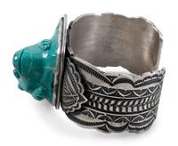 Heavily Stamped Sterling Silver Cuff Bracelet, with Carved Turquoise Frog