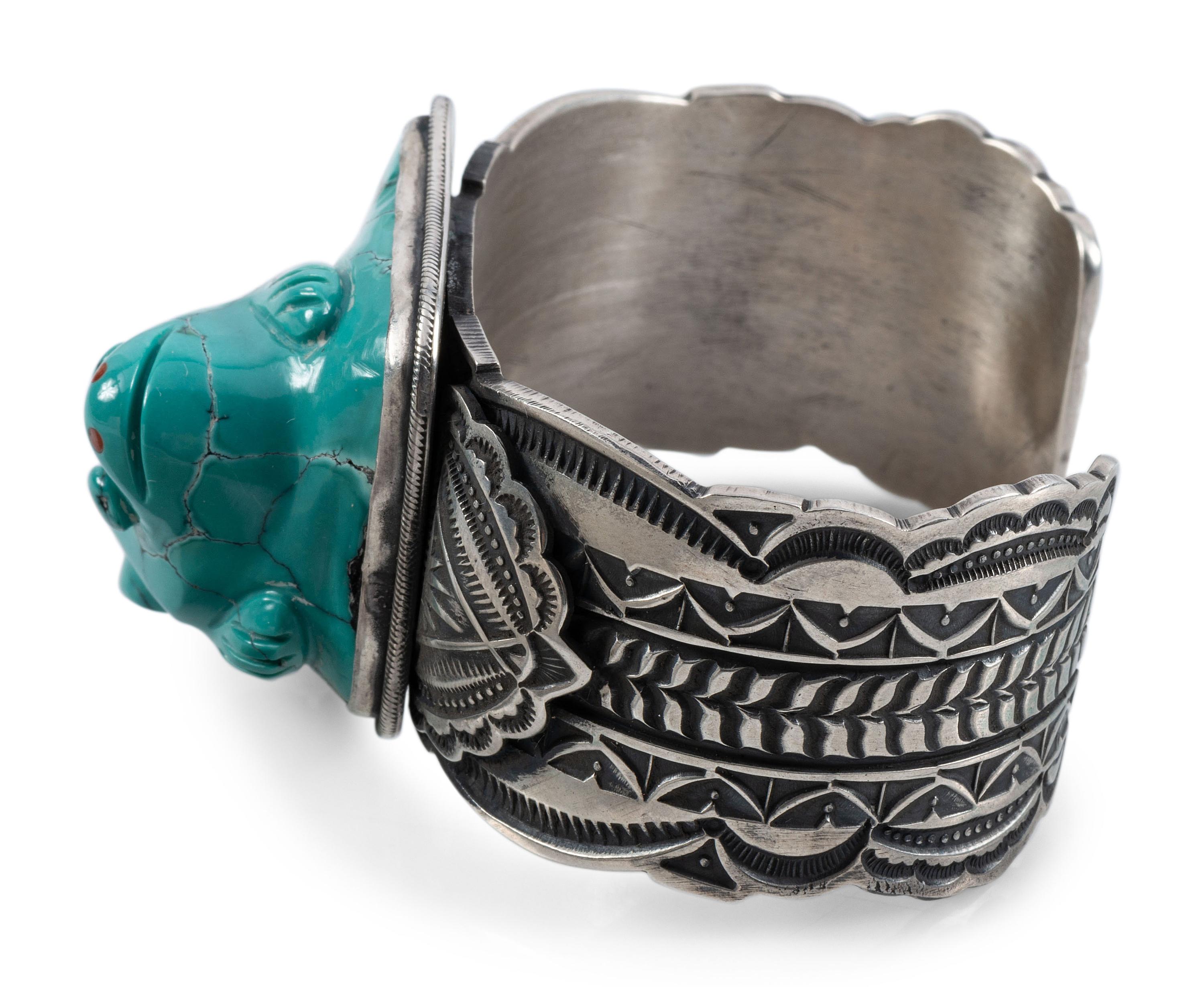 Heavily Stamped Sterling Silver Cuff Bracelet, with Carved Turquoise Frog