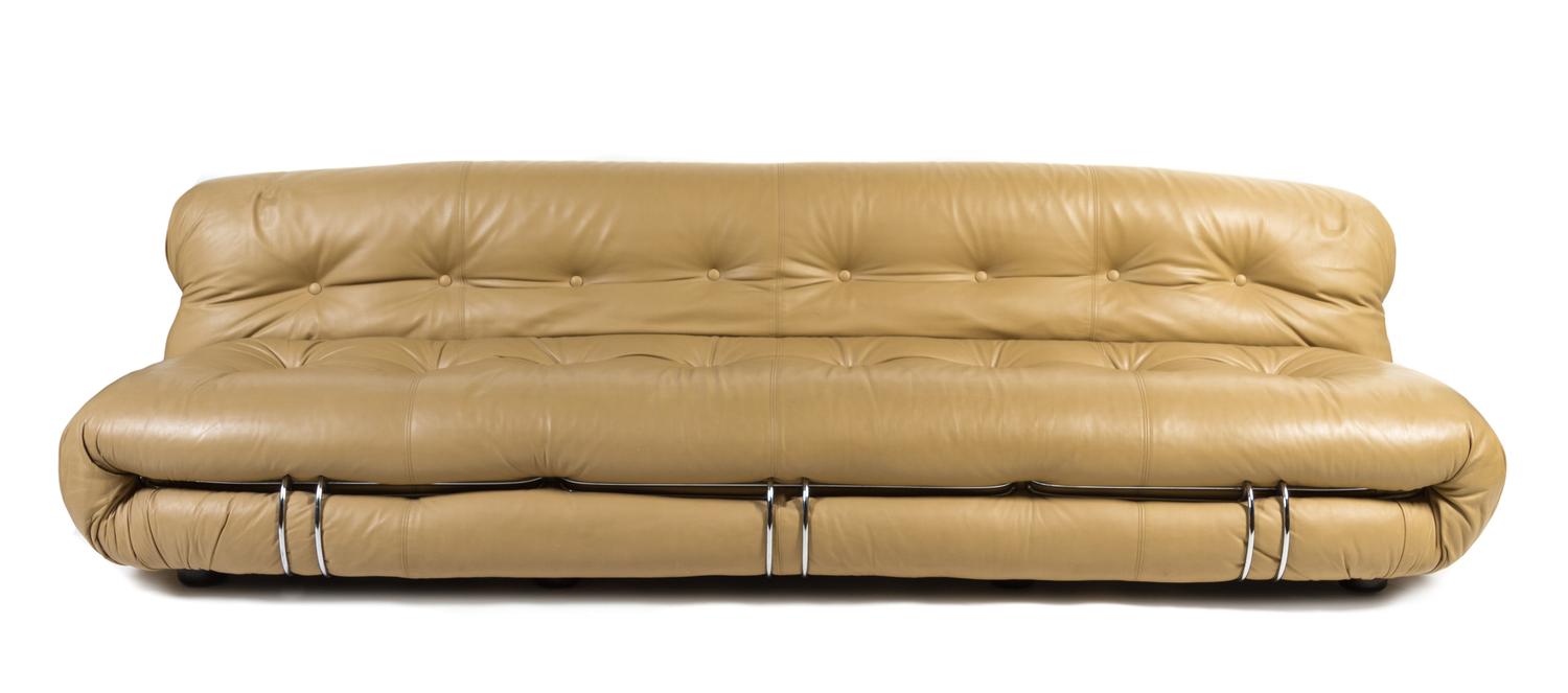 A Tobia Scarpa Leather and Chromed Aluminum Sofa Height 22 x width 92 x depth 38 inches.