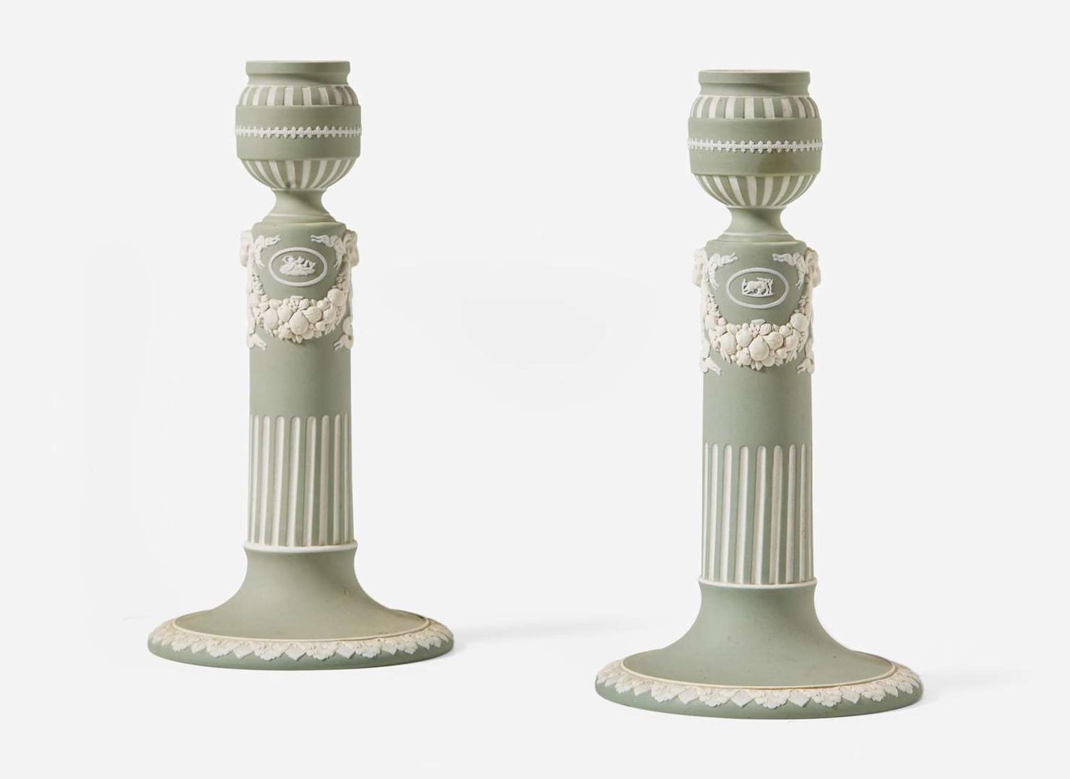 A Pair of Wedgwood Green Dip Jasperware Candlesticks, UK, late 19th century