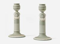 A Pair of Wedgwood Green Dip Jasperware Candlesticks, UK, late 19th century