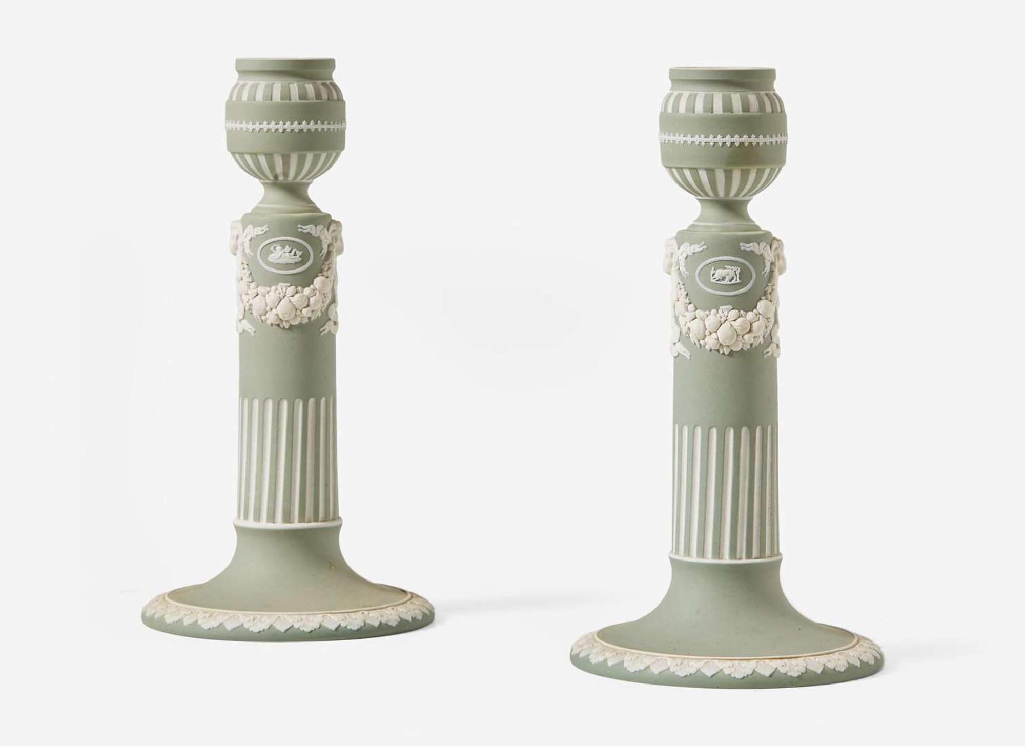 A Pair of Wedgwood Green Dip Jasperware Candlesticks, UK, late 19th century