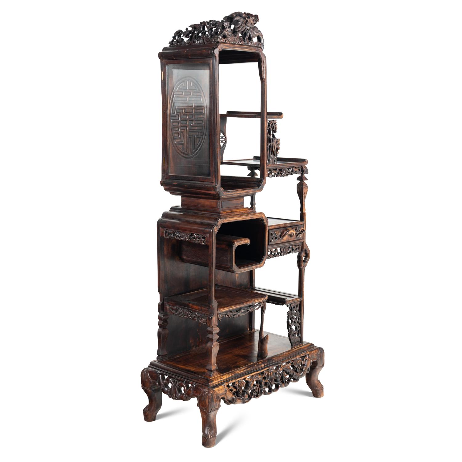 A Pair of Chinese Hardwood Displaying Cabinets, Duobaoge, 20th Century 近代 硬木鏤雕壽字紋大多寶閣一對