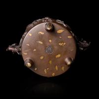 A Gold-Splashed Patinated Bronze Censer with Pierced Wood Cover, 19th Century 十九世紀 銅灑片金龍紋雙耳三足爐