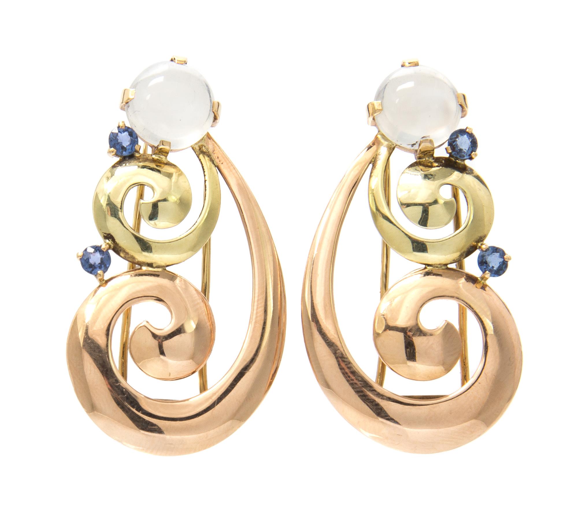 A Pair of Retro 14 Karat Two Tone Gold, Moonstone and Sapphire Dress Clips, 11.50 dwts.