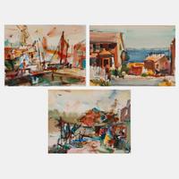 Three works: Provincetown, Mass; Harbor Scene with Boats; and Harbor Scene