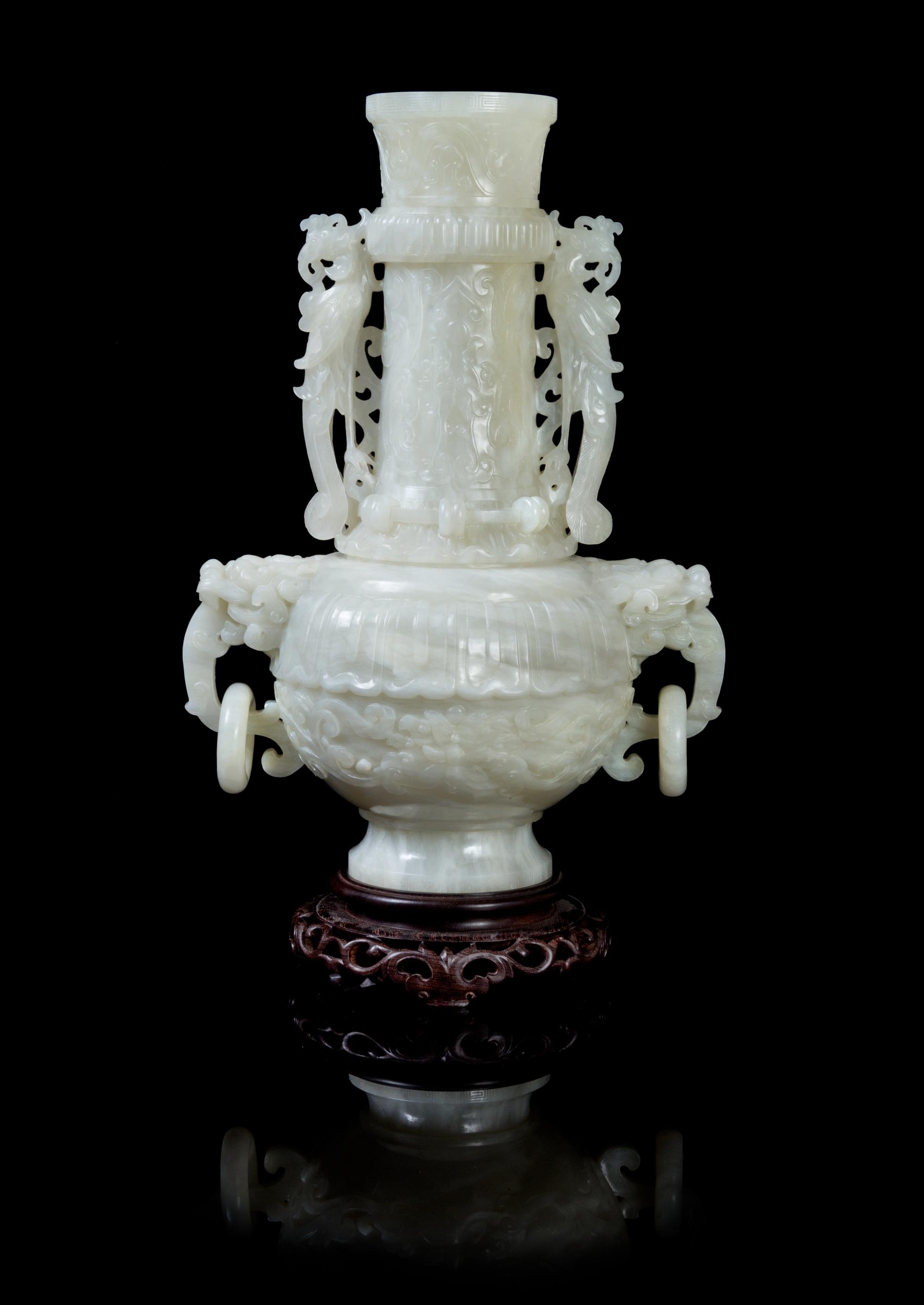 A Large Chinese White Jade Phoenix Handle Vase 20TH CENTURY Height of jade 14 7/8 inches. — 20TH CENTURY
