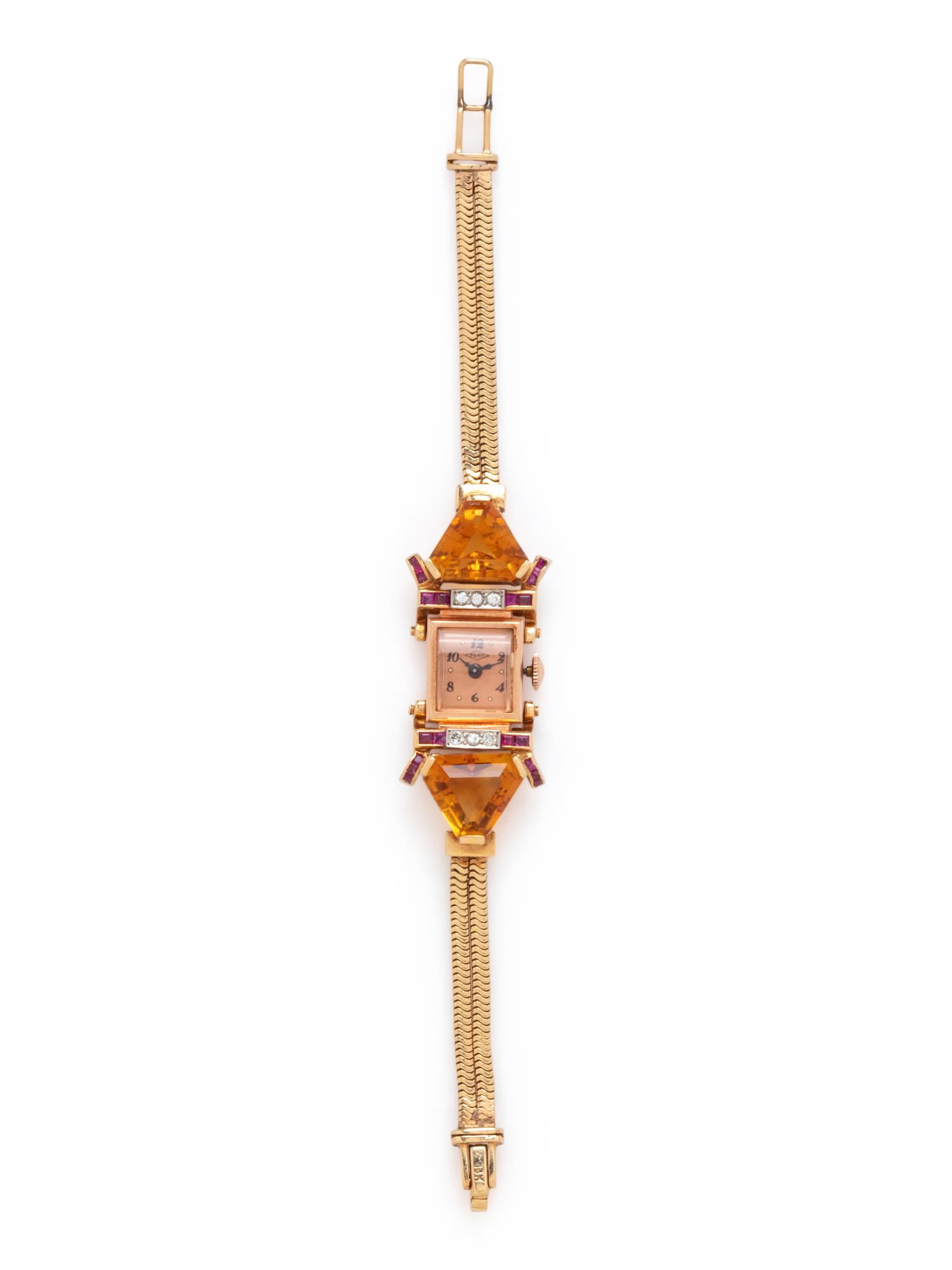 RETRO, 14K BICOLOR GOLD, CITRINE, RUBY AND DIAMOND WRISTWATCH
