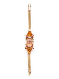 RETRO, 14K BICOLOR GOLD, CITRINE, RUBY AND DIAMOND WRISTWATCH