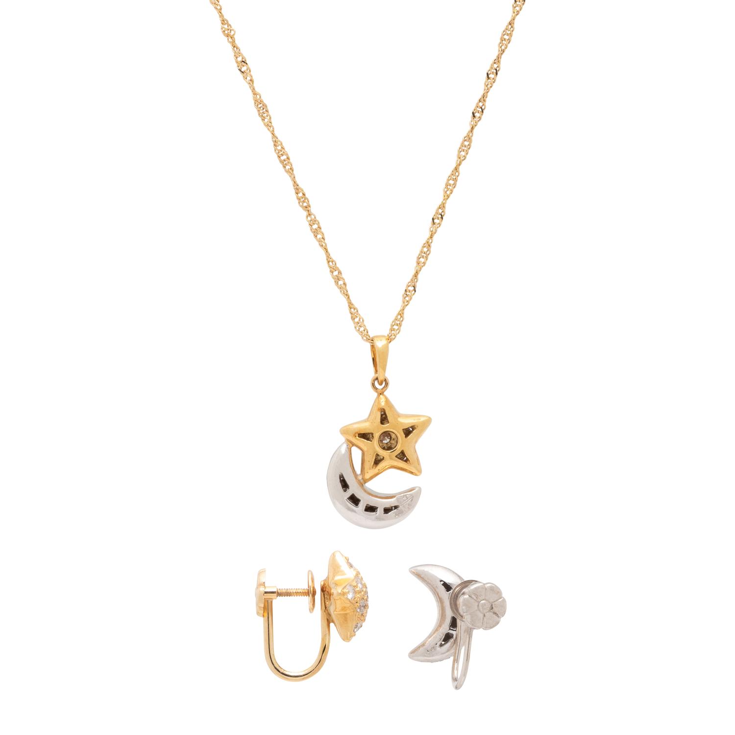 BICOLOR GOLD AND DIAMOND MOON AND STAR SET