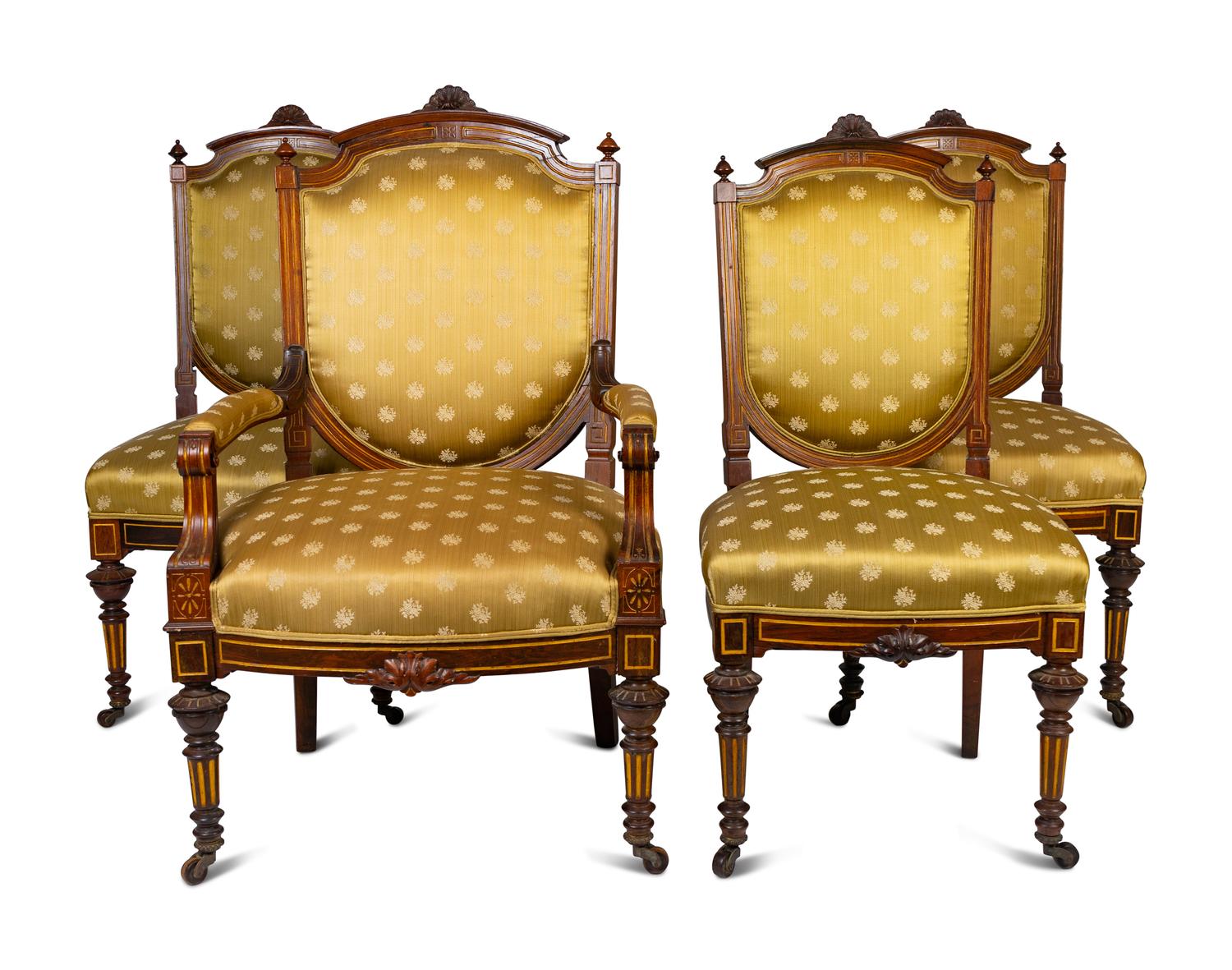 A Continental Parcel Gilt Walnut Four-Piece Seating Suite