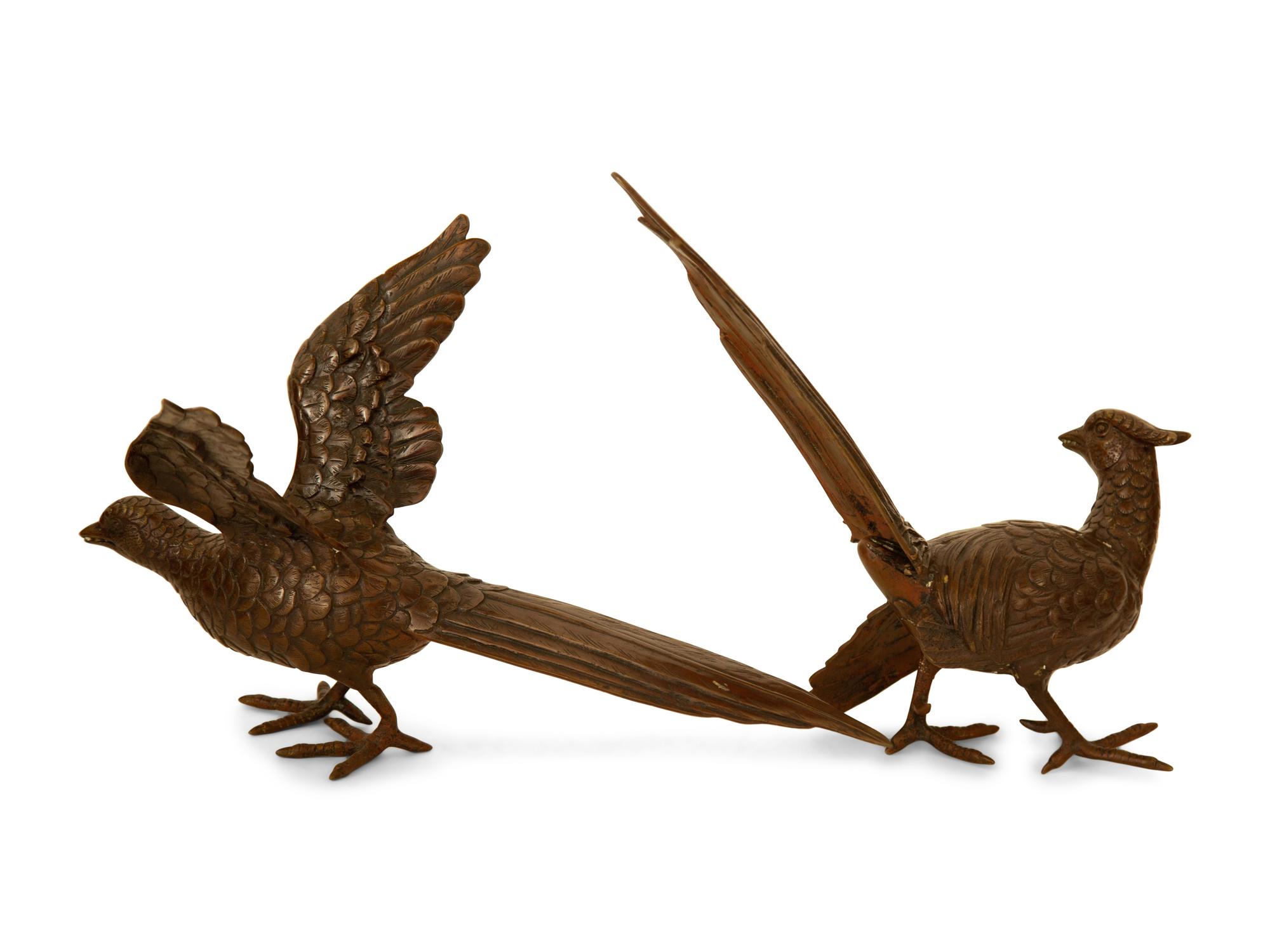 A Pair of Patinated Bronze Figures of Pheasants — 20th Century