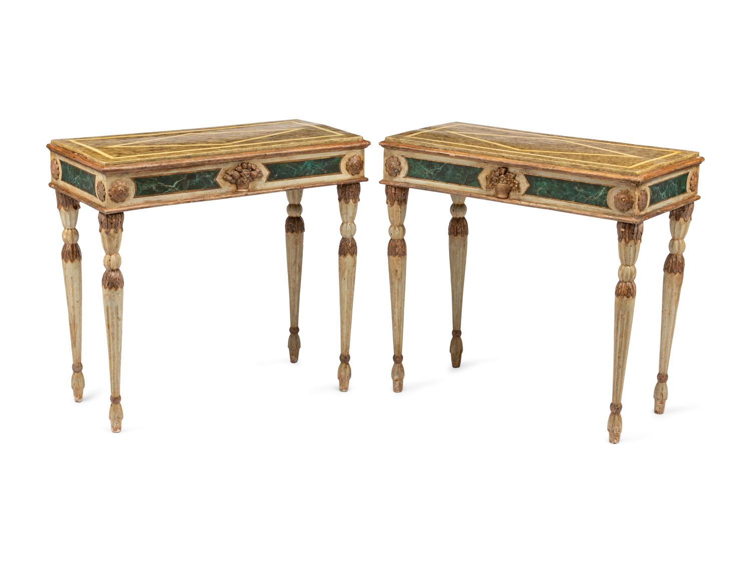 A Pair of Italian Faux Marble Painted Console Tables