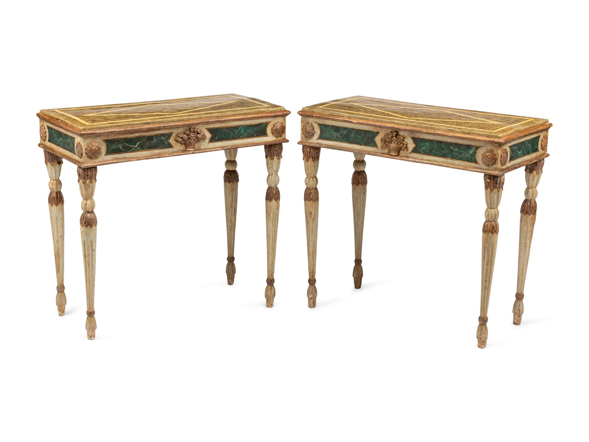 A Pair of Italian Faux Marble Painted Console Tables