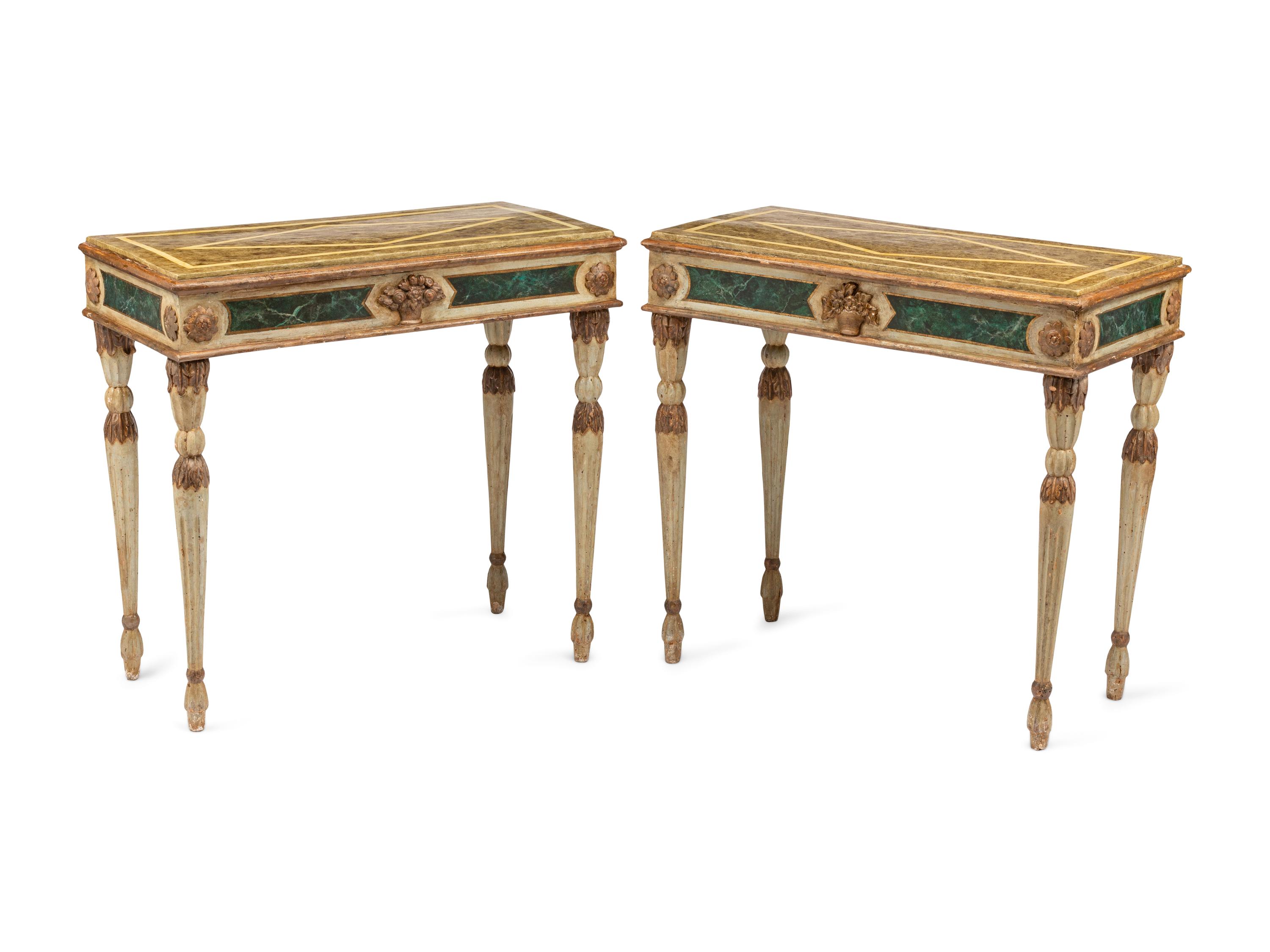 A Pair of Italian Faux Marble Painted Console Tables
