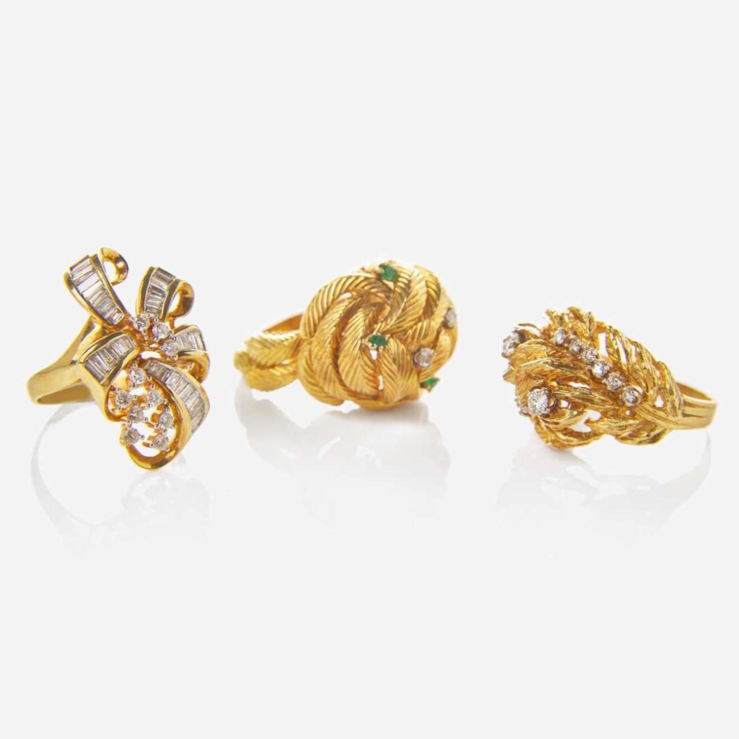 A Collection of Three Yellow Gold and Gemstone Rings