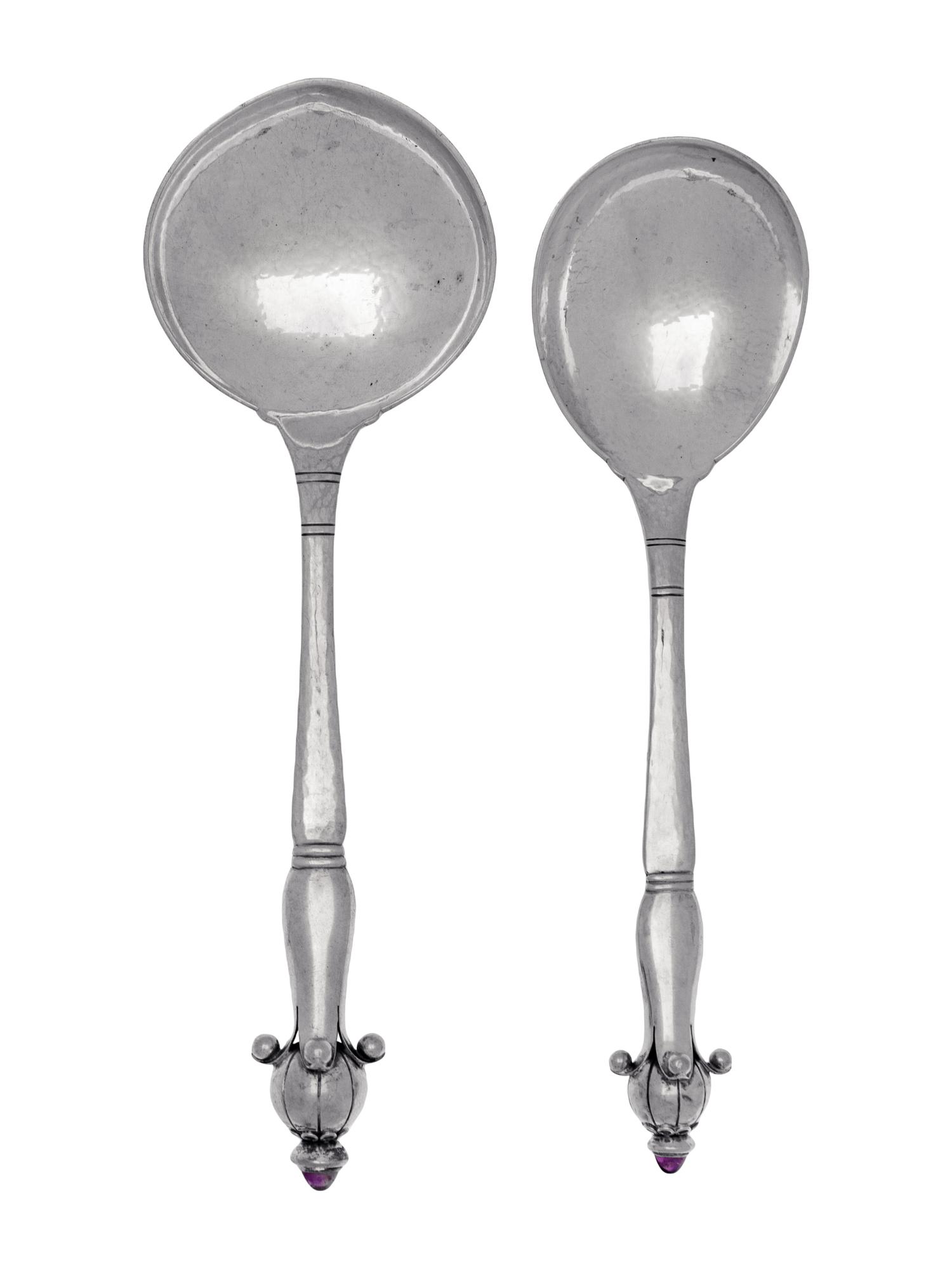 Two Danish Silver and Amethyst Mounted Serving Spoons