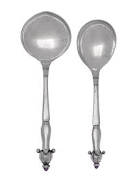 Two Danish Silver and Amethyst Mounted Serving Spoons
