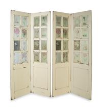 A White Painted Four Panel Floor Screen with Floral Painted Glass Panels — 19TH CENTURY