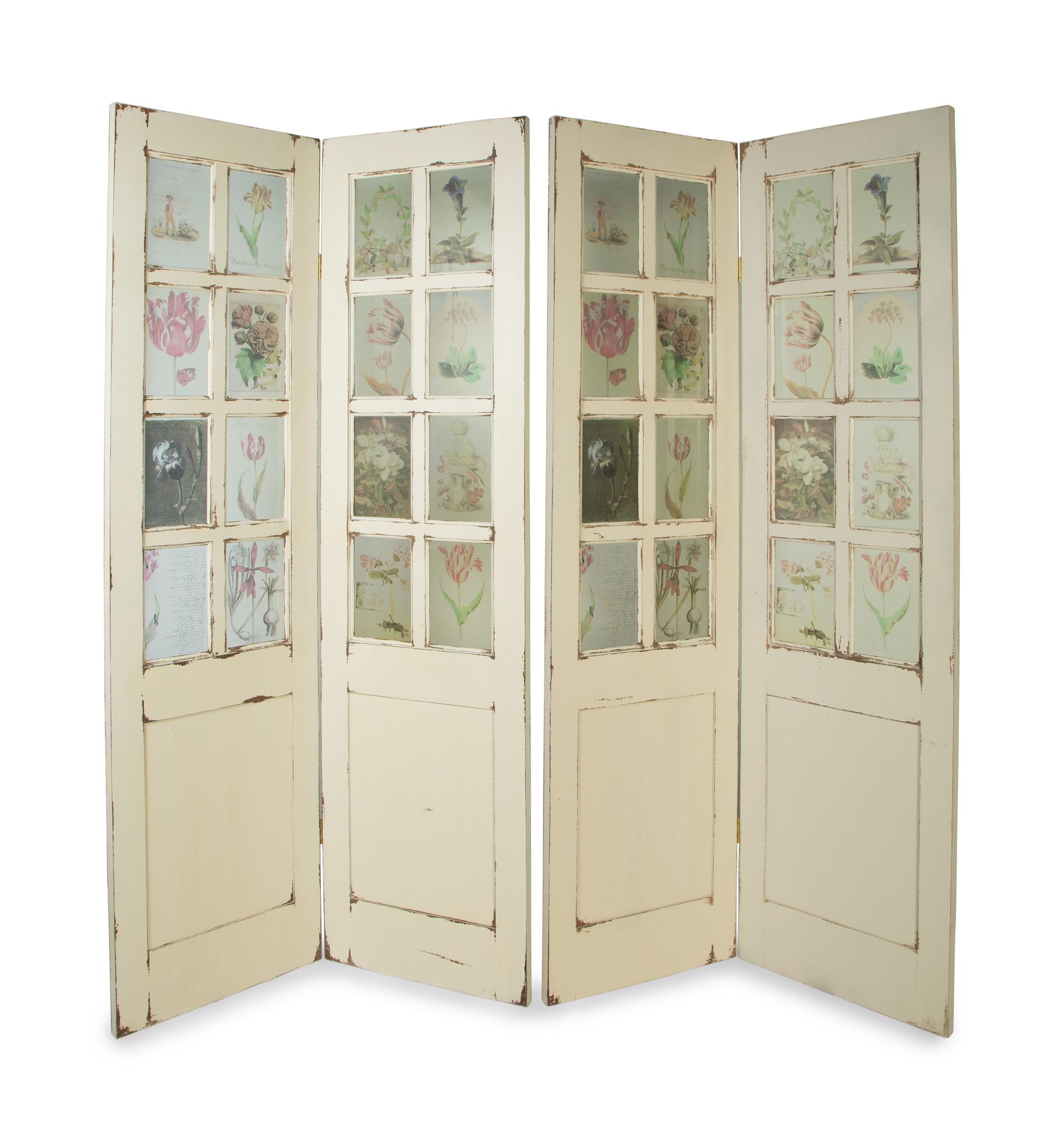 A White Painted Four Panel Floor Screen with Floral Painted Glass Panels — 19TH CENTURY