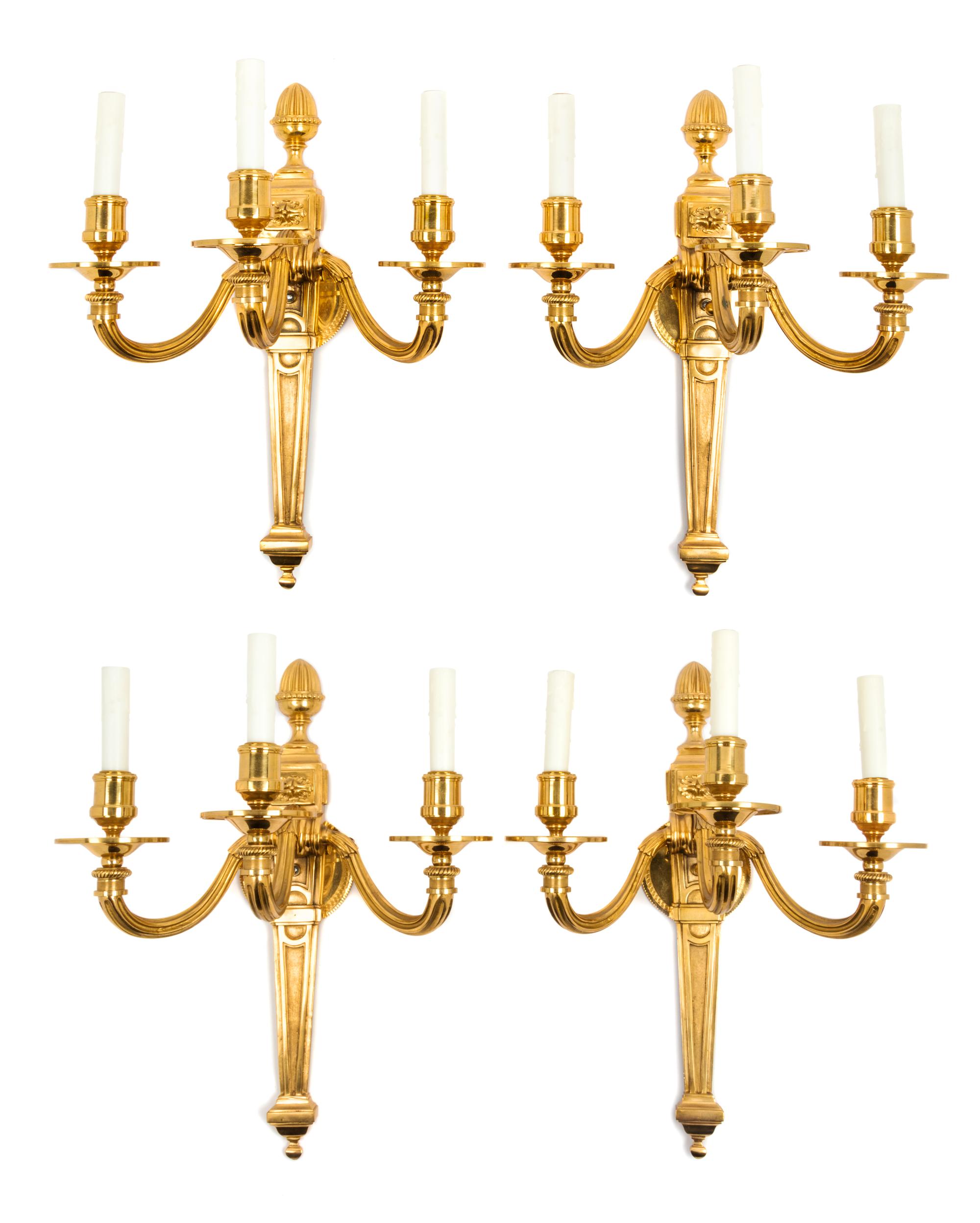 A Set of Four Louis XVI Style Gilt Bronze Sconces Height 21 inches. — 20TH CENTURY