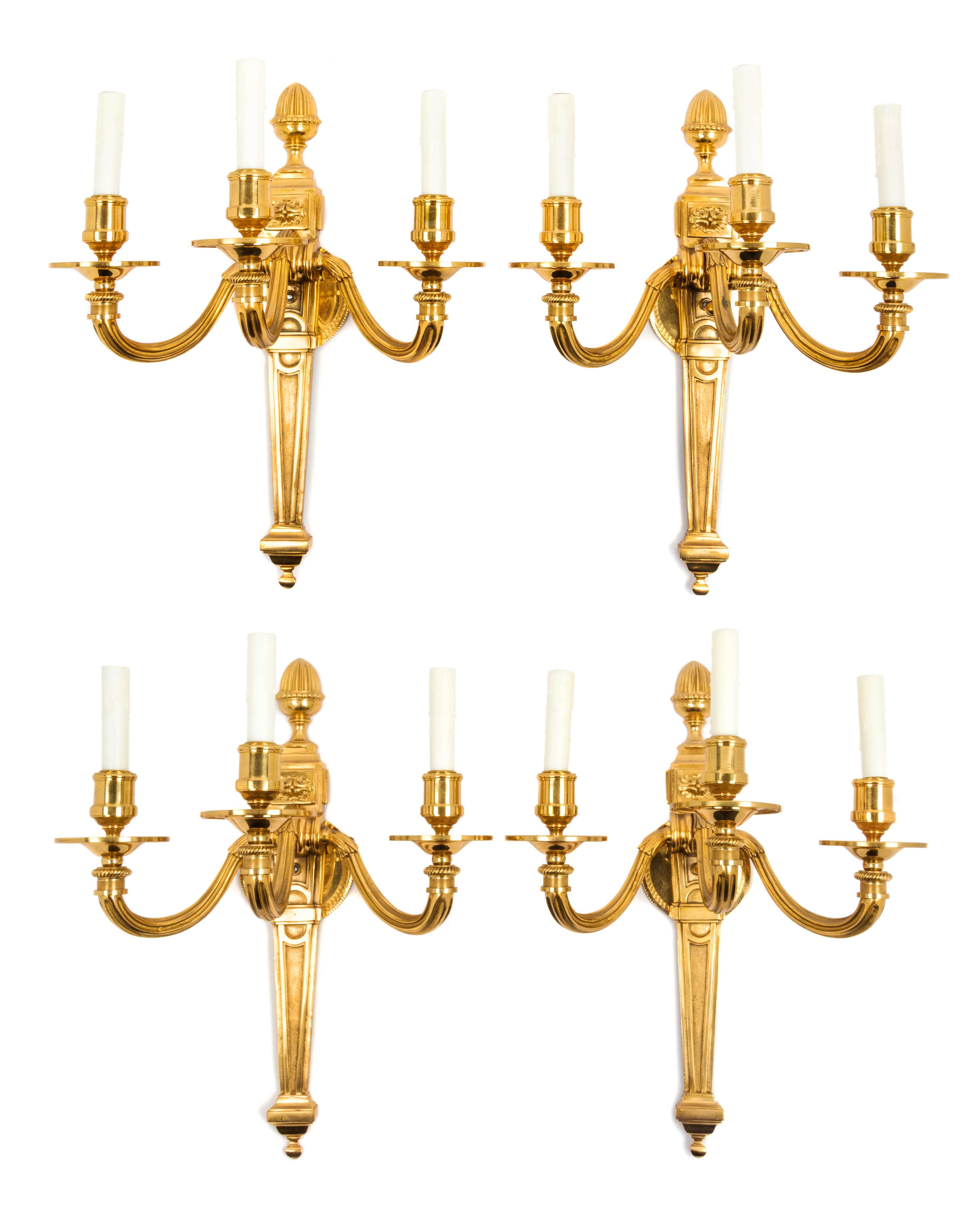 A Set of Four Louis XVI Style Gilt Bronze Sconces Height 21 inches. — 20TH CENTURY