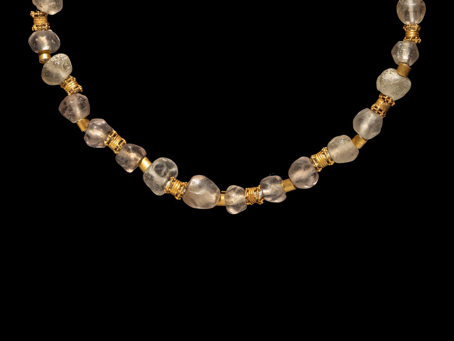 A Hellenistic Gold, Rock Crystal, and Glass Necklace