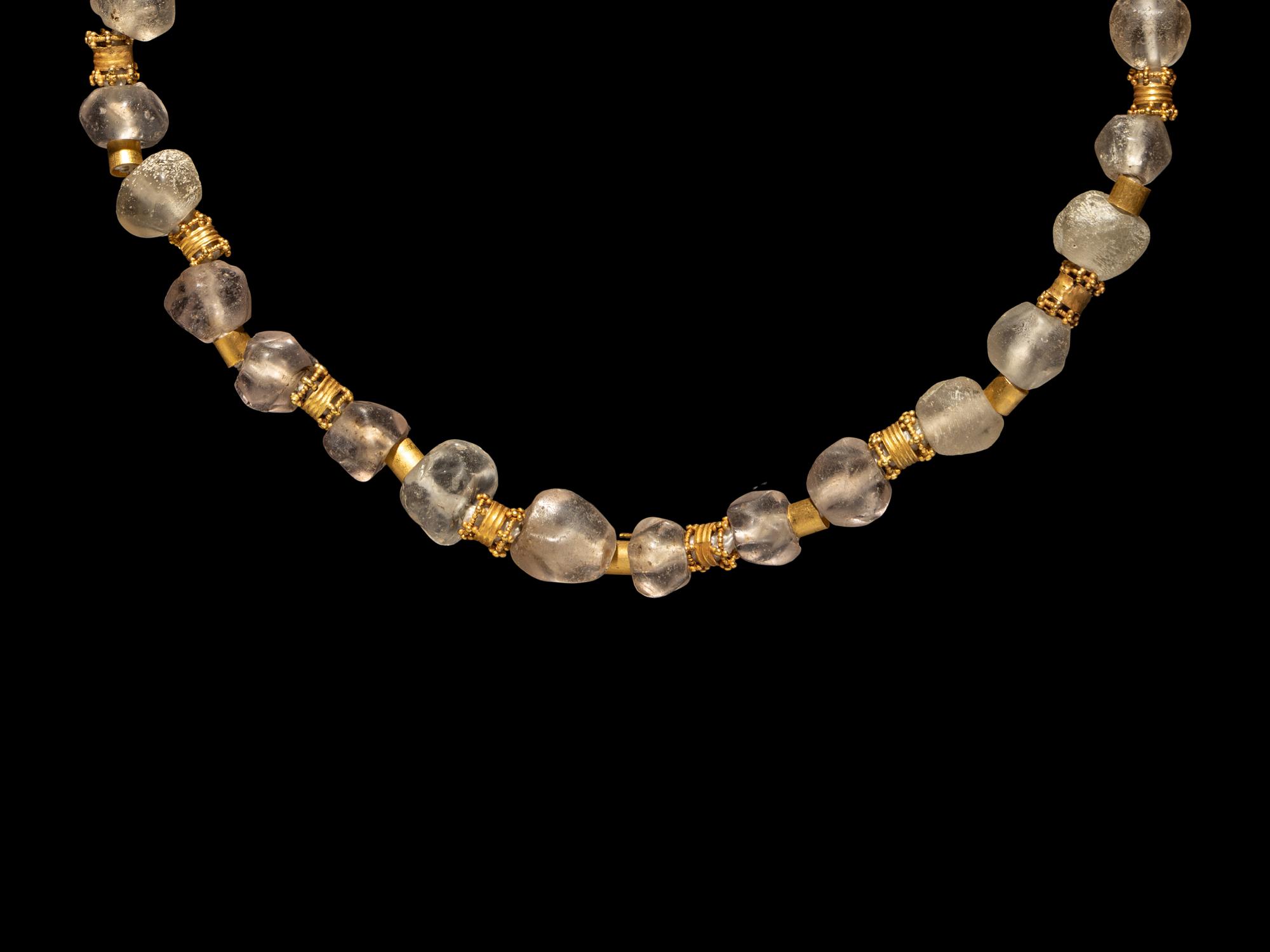 A Hellenistic Gold, Rock Crystal, and Glass Necklace