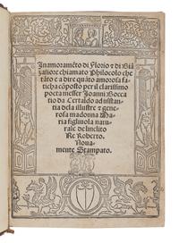 BOCCACCIO, Giovanni (1313-1375). [Filocolo] . Inamoramẽto di Florio & di Biãzafiore chiamato Philocolo. Venice: Bernardino de Lissona Vercellense, 22 May 1520.