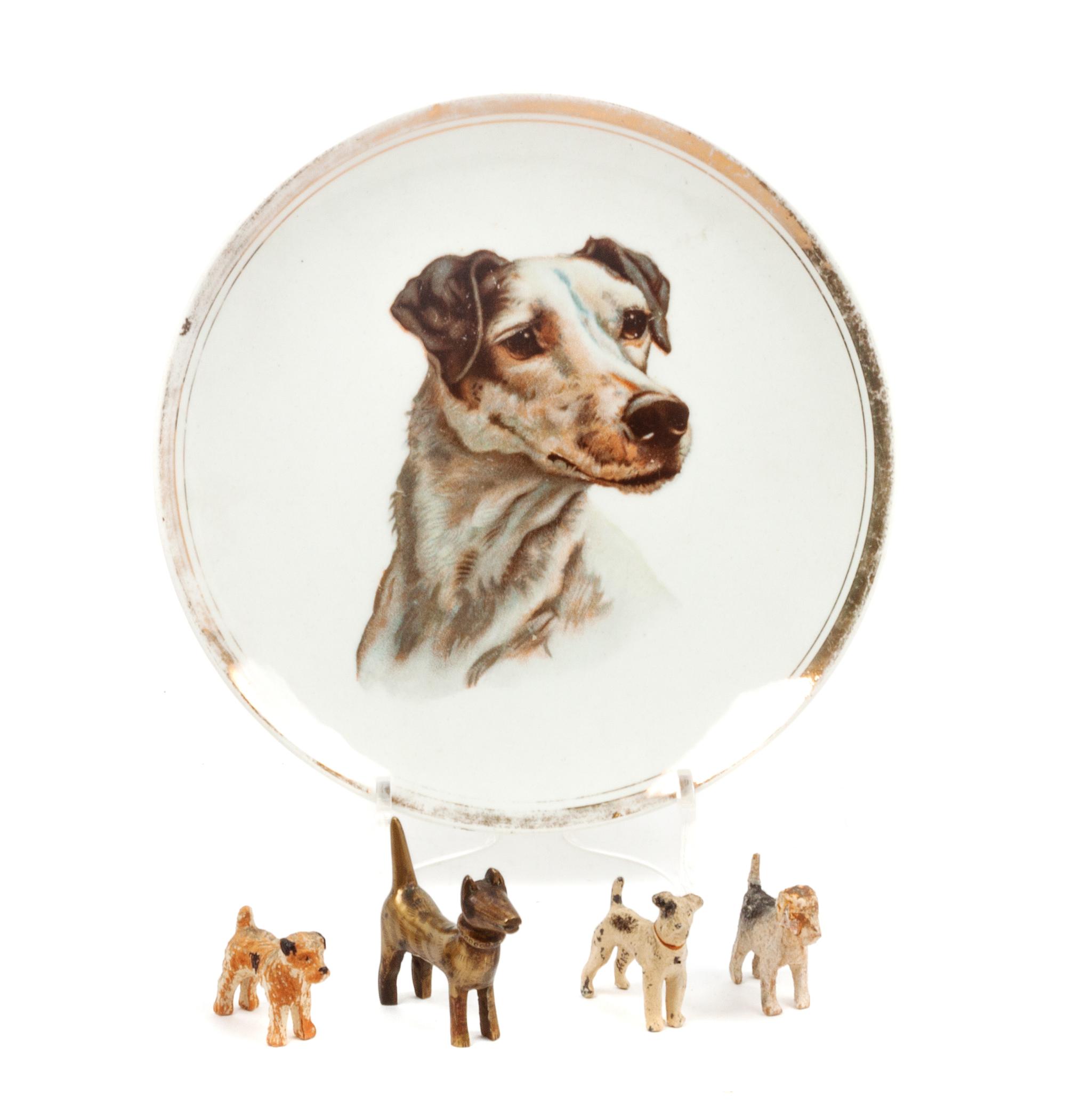 A Group of Five Wire Fox Terrier Articles Diameter of plate 9 3/4 inches.
