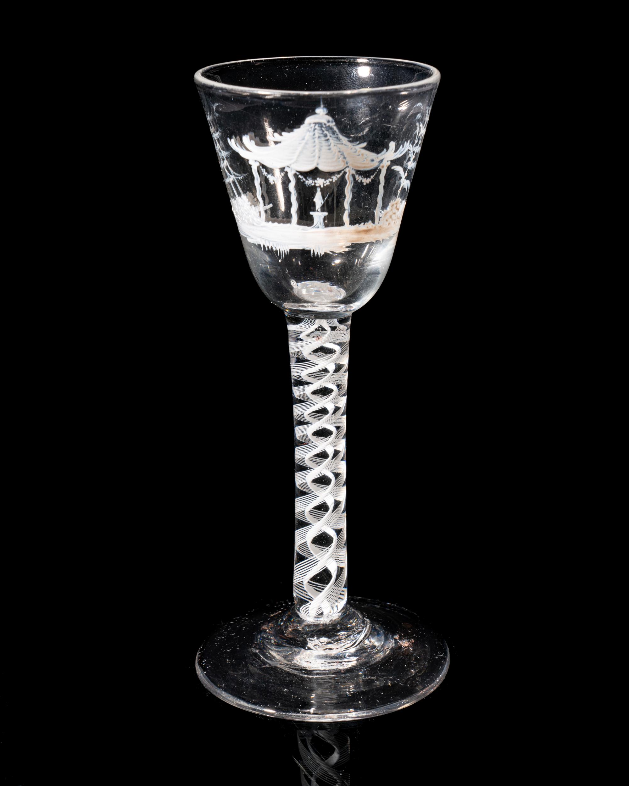 A Beilby Enameled Opaque Twist Wine Glass