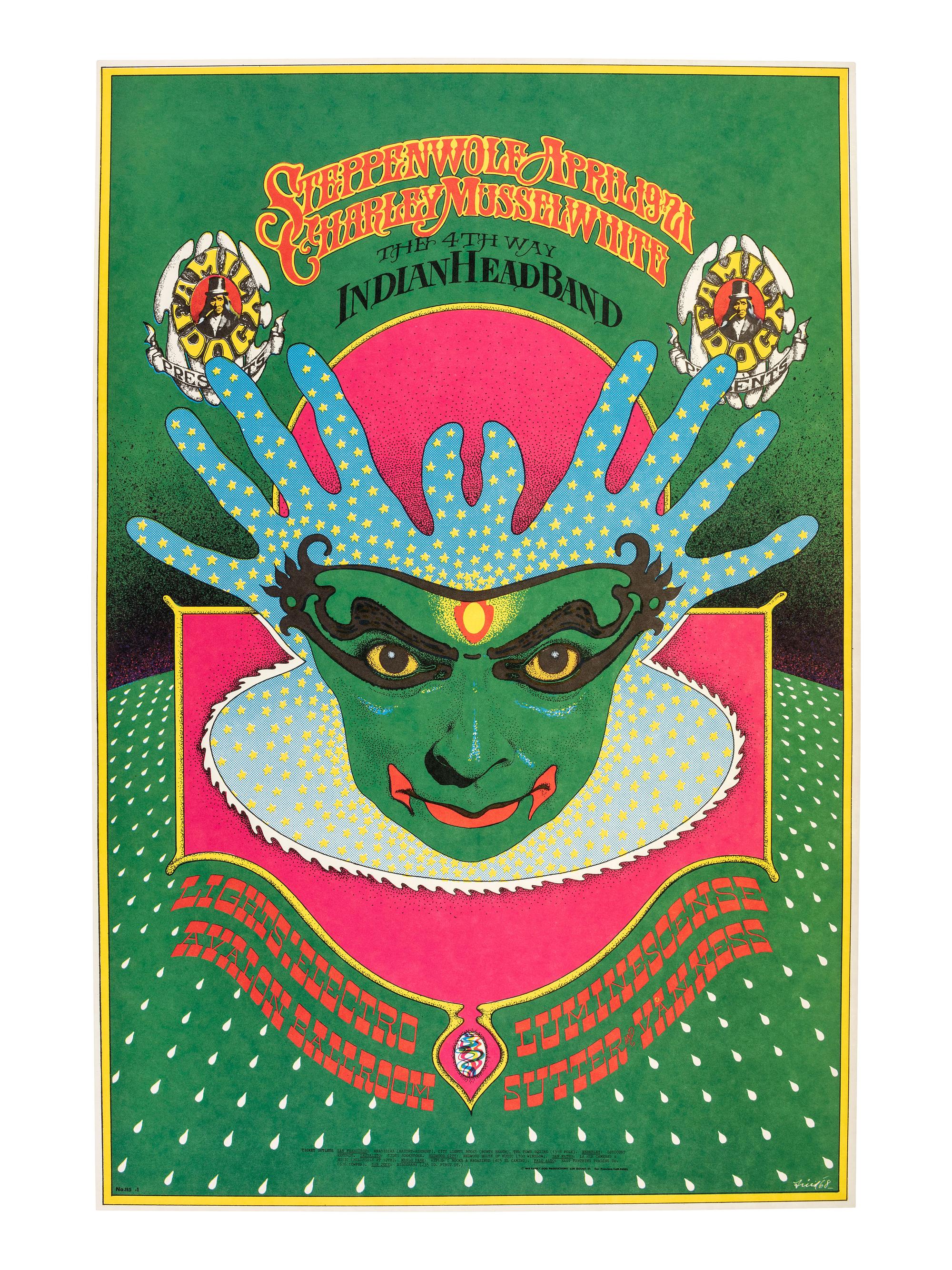 [MUSIC] -- [POSTERS]. GRIFFIN, Rick, FRIED, Robert, MOUSE, Stanley, KELLEY, Alton, MOSCOSO, Victor, artists. A group of 8 Family Dog posters from 1968, comprising: