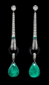 A Pair of 18 Karat White Gold, Emerald, Onyx and Diamond Earrings, 5.00 dwts.