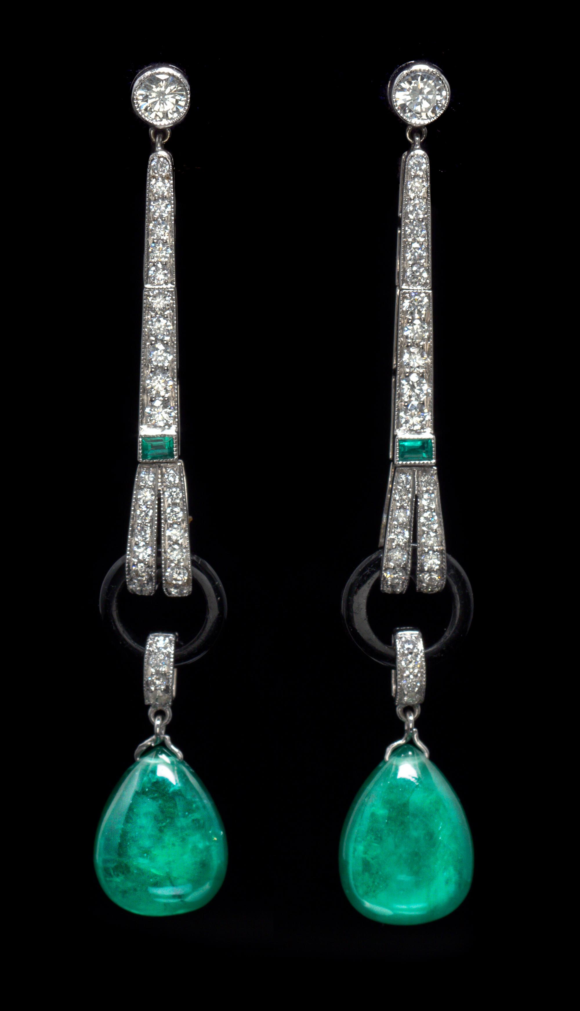A Pair of 18 Karat White Gold, Emerald, Onyx and Diamond Earrings, 5.00 dwts.