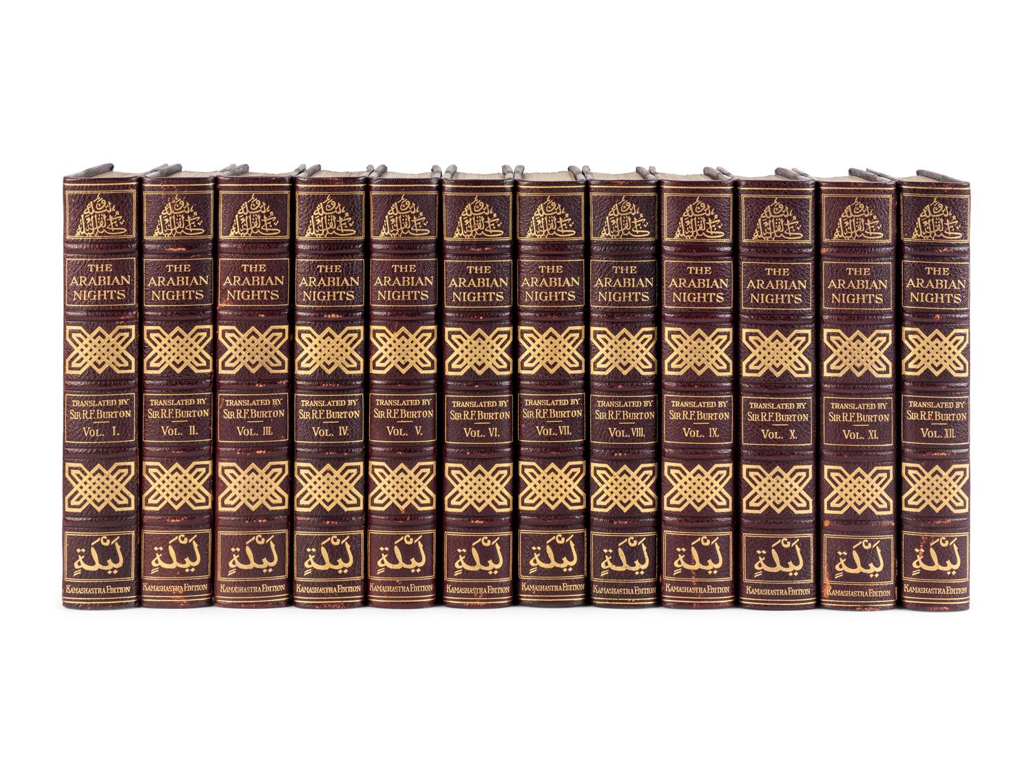 BURTON, Richard Francis, Sir (1821-1890), translator. The Book of the Thousand Nights and a Night… Reprinted from the Original Edition . 8 volumes. -- Supplemental Nights . 4 volumes. Leonard C. Smithers, editor. Albert Letchford, illustrator. London: H.S. Nichols Ltd., 1897.