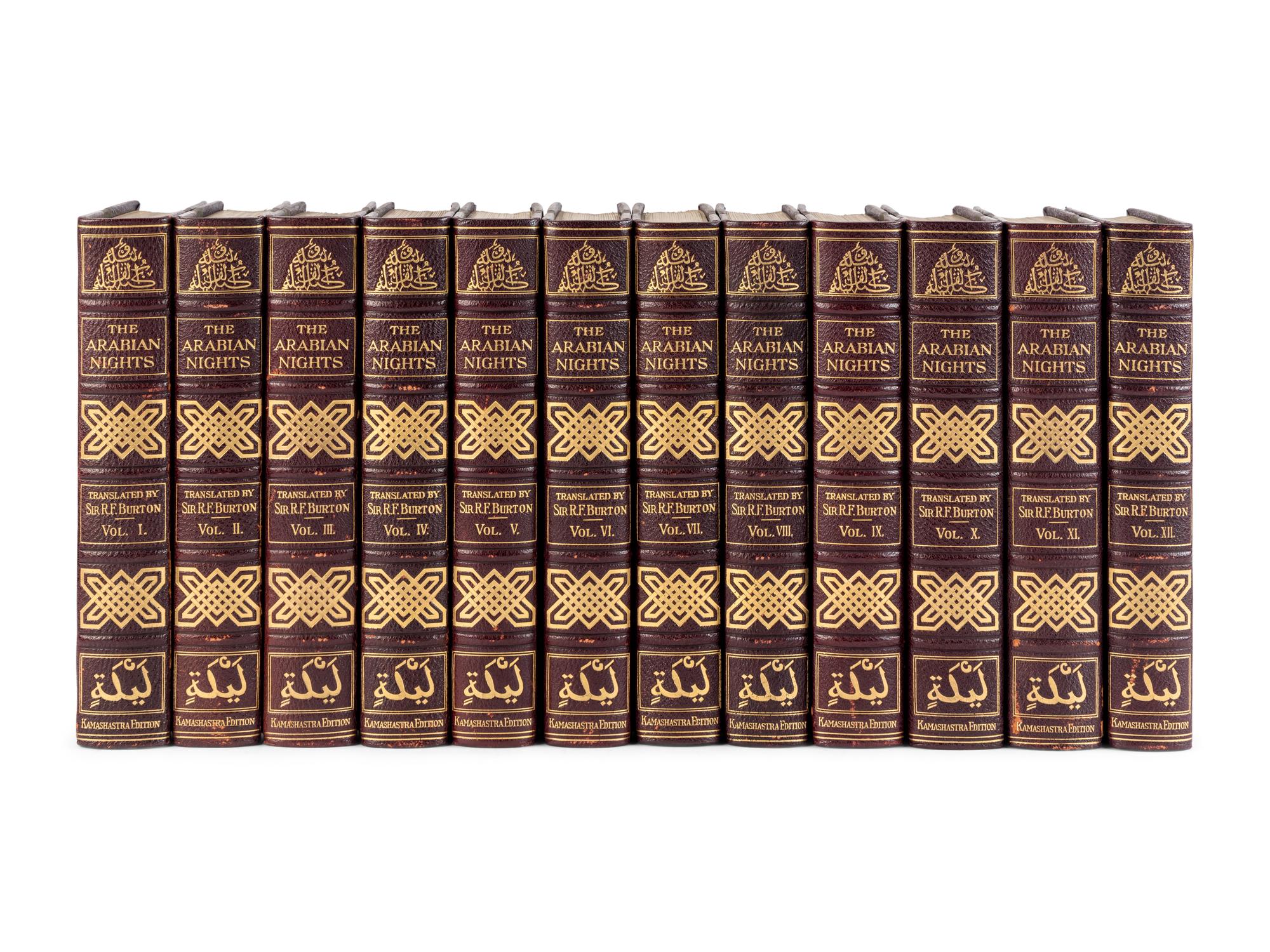 BURTON, Richard Francis, Sir (1821-1890), translator. The Book of the Thousand Nights and a Night… Reprinted from the Original Edition . 8 volumes. -- Supplemental Nights . 4 volumes. Leonard C. Smithers, editor. Albert Letchford, illustrator. London: H.S. Nichols Ltd., 1897.